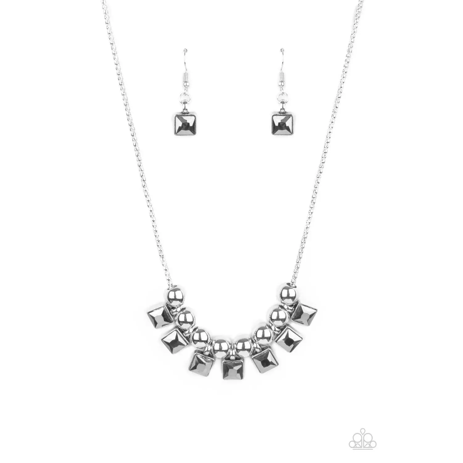 Silver Stellar Fringe Necklace and Earrings Set with Smoky Hematite Rhinestones & Oversized Silver Beads, Adjustable Clasp Closure, Bling Effect, Fashion Accessory, Unisex, Chain & Link, Includes Matching Earrings, One Pair Of Matching Earrings