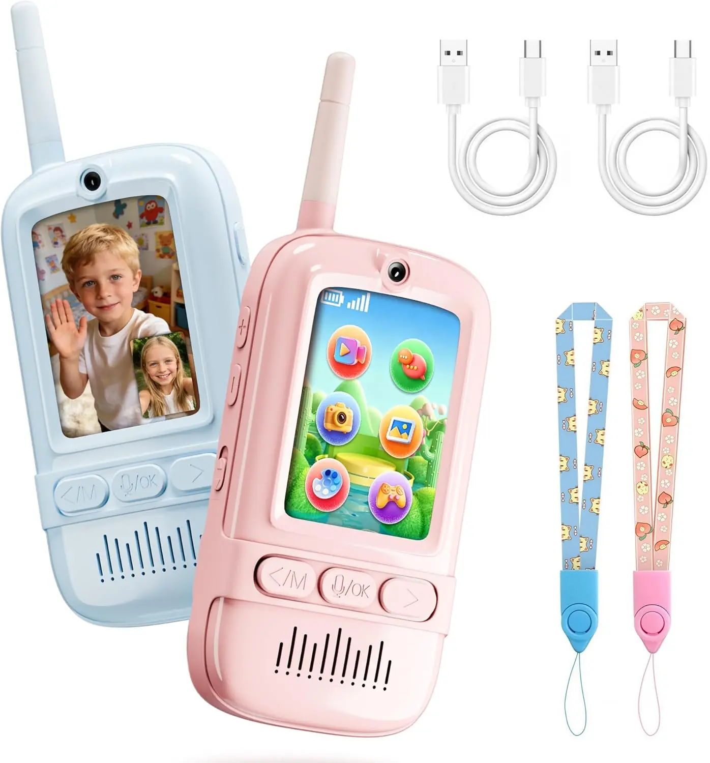 2 Pack Video Walkie Talkies, Rechargeable  Walkie Talkies 2 Pack with Screen for Boys & Girls Ages, Birthday ,Christmas ,Gifts for Family Games, Outdoor Play, Camping (Blue & Pink) KOENN
