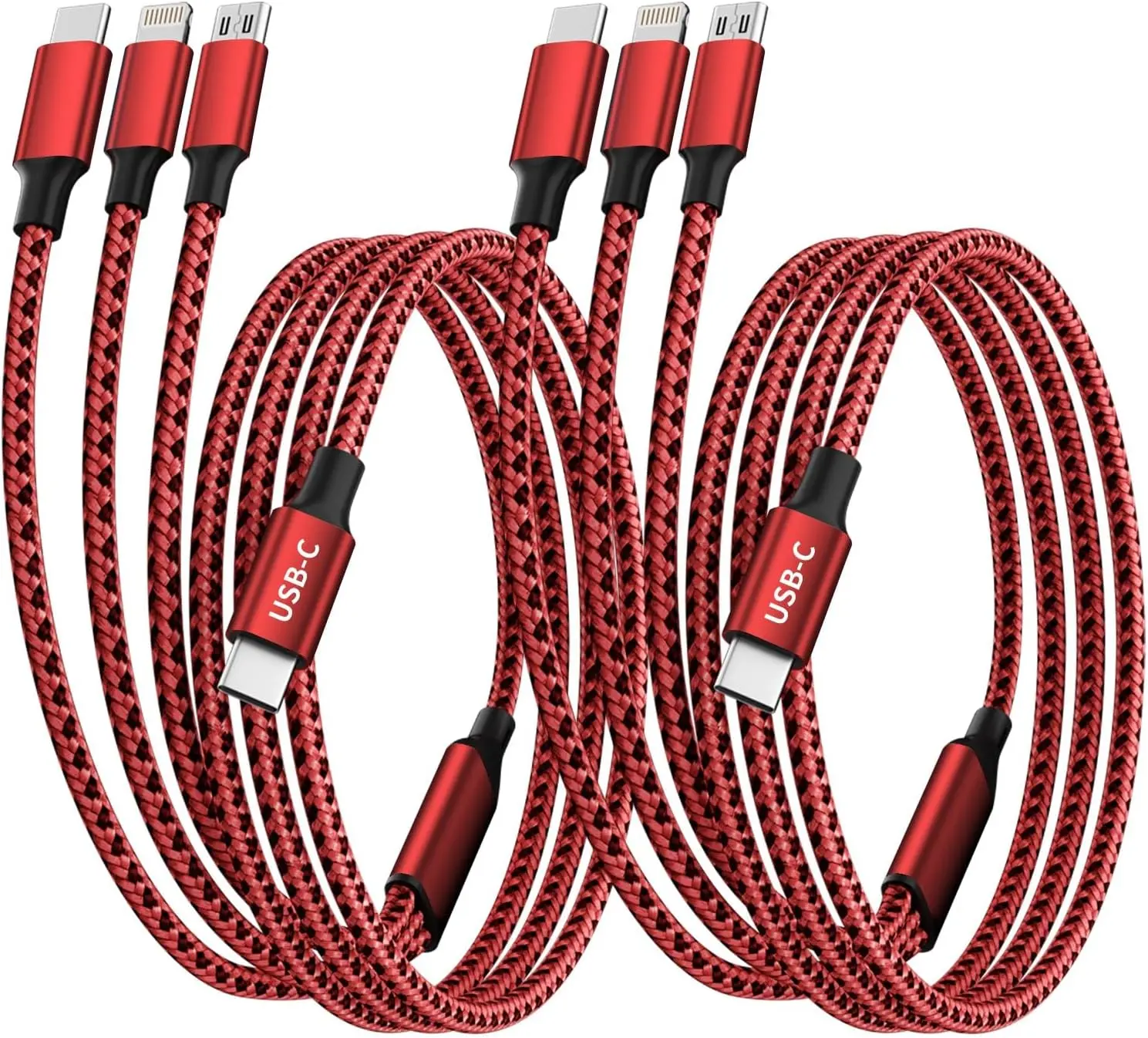 Multi Charging Cable, USB C 3 in 1 Charging Cable[2Pack 4FT], USB C Cable Nylon Braided Multiple Charger Cord with Type-C, Micro USB and IP Port for iPhone 16/15 Series/Cell Phones and More-Red&Black