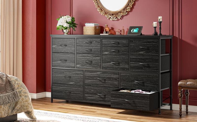 Raybee Furniture Dresser with 16 Drawers, Multifunctional TV Stand & Charging Station, 51.1" Long, 34.8" Height, 3 Power Outlet & 2 USB Ports Raybee Furniture Dresser with 16 Drawers, Multifunctional TV Stand & Charging Station, 51.1" Long, 34.8" Height, 3 Power Outlet & 2 USB Ports