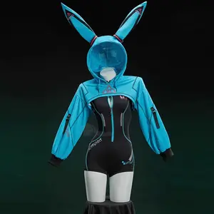 Anime Cosplay Costume Women Cute Rabbit Ears Hooded Hoodies Zipper Bodysuit Fashion Tight fitting sports Jumpsuit