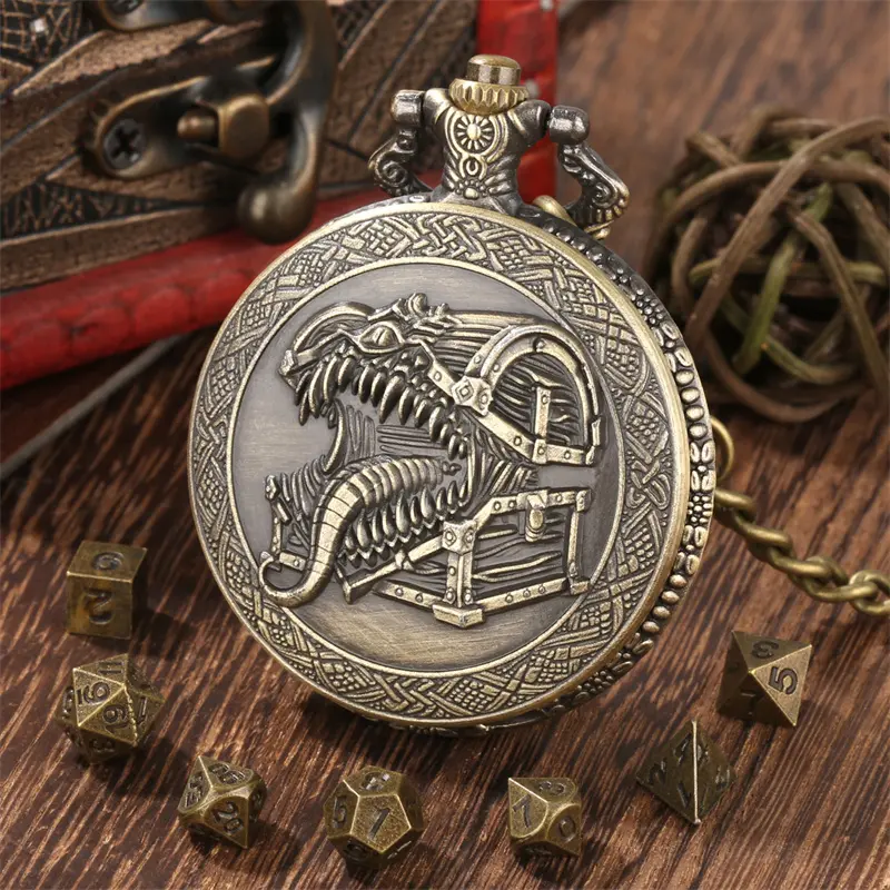 Vintage Tongue Treasure Box Pattern Dragon Pocket Watch Case with Thick Chain,plus 7 Mini Size Dnd Metal Polyhedron Dice for Indoor Entertainment Board Game,Tabletop Role-Playing Game Accessories, Metal Dice Set