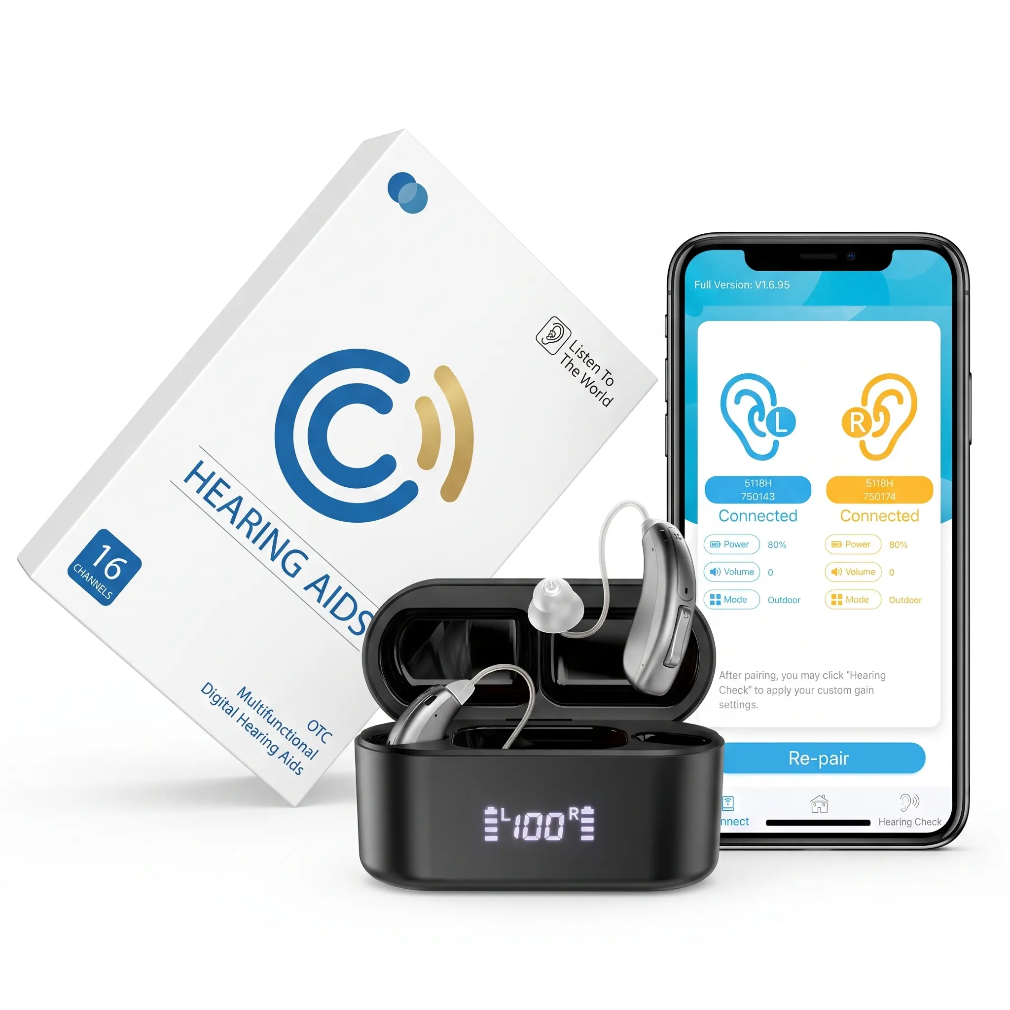 Coniler 5118-L OTC Bluetooth Hearing Aids Kit for Adults, Rechargeable In-Ear Design, Smart Display Charging Case, All-Day Comfort, Clear Sound, No Prescription Required
