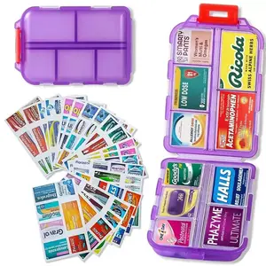 Travel Pill Organizer Box, Portable Pocket Purse Pharmacy, 10 Compartment Small Pill Case Medicine Kit,147 Brand Labels ,  Daily Weekly Vitamin Supplement Medication Holder
