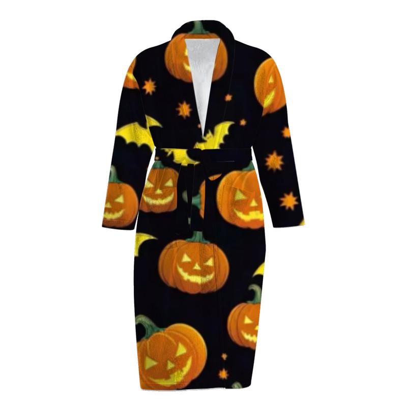 Flannel robe Halloween print autumn and winter plus velvet warm mid-length bathrobe home wear pajamas christmas pajamas