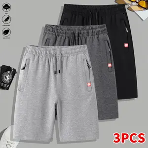 Men’s casual shorts, pack of 3; solid color; elastic drawstring waist; side zip pockets; suitable for casual wear, outdoor activities, fitness, and running; men’s shorts; athletic shorts