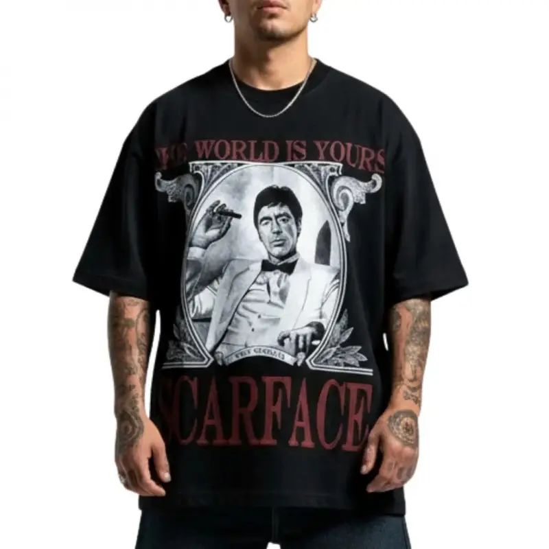 Graphic T-shirt✨ Scarface Menswear T-Shirt – Short Sleeve Round Neck Cotton Tee, Casual Classic Summer Top, Medium Length, Unisex Oversized Streetwear, Movie Fan Gift, High-Quality Fabric