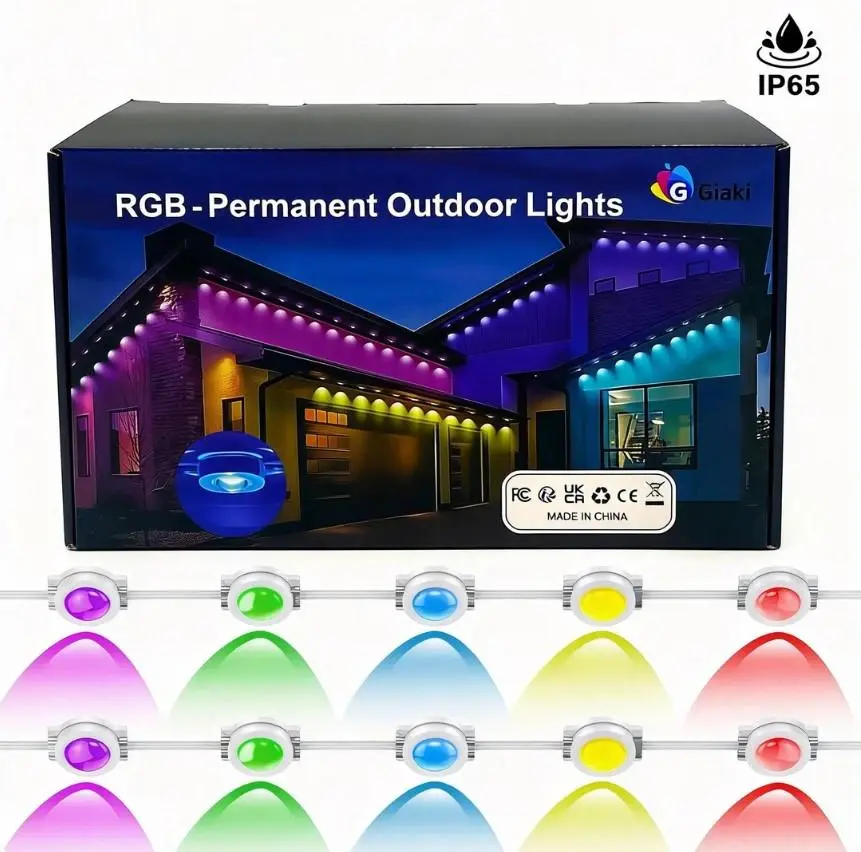 Giaki Color-Changing RGB Eaves Lights – Permanent Outdoor LED Strip with Bluetooth App Control, IP65 Waterproof, Music Mic Mode for Lunar New Year, Valentine’s Day Gift, Holidays, Christmas & Home Decor