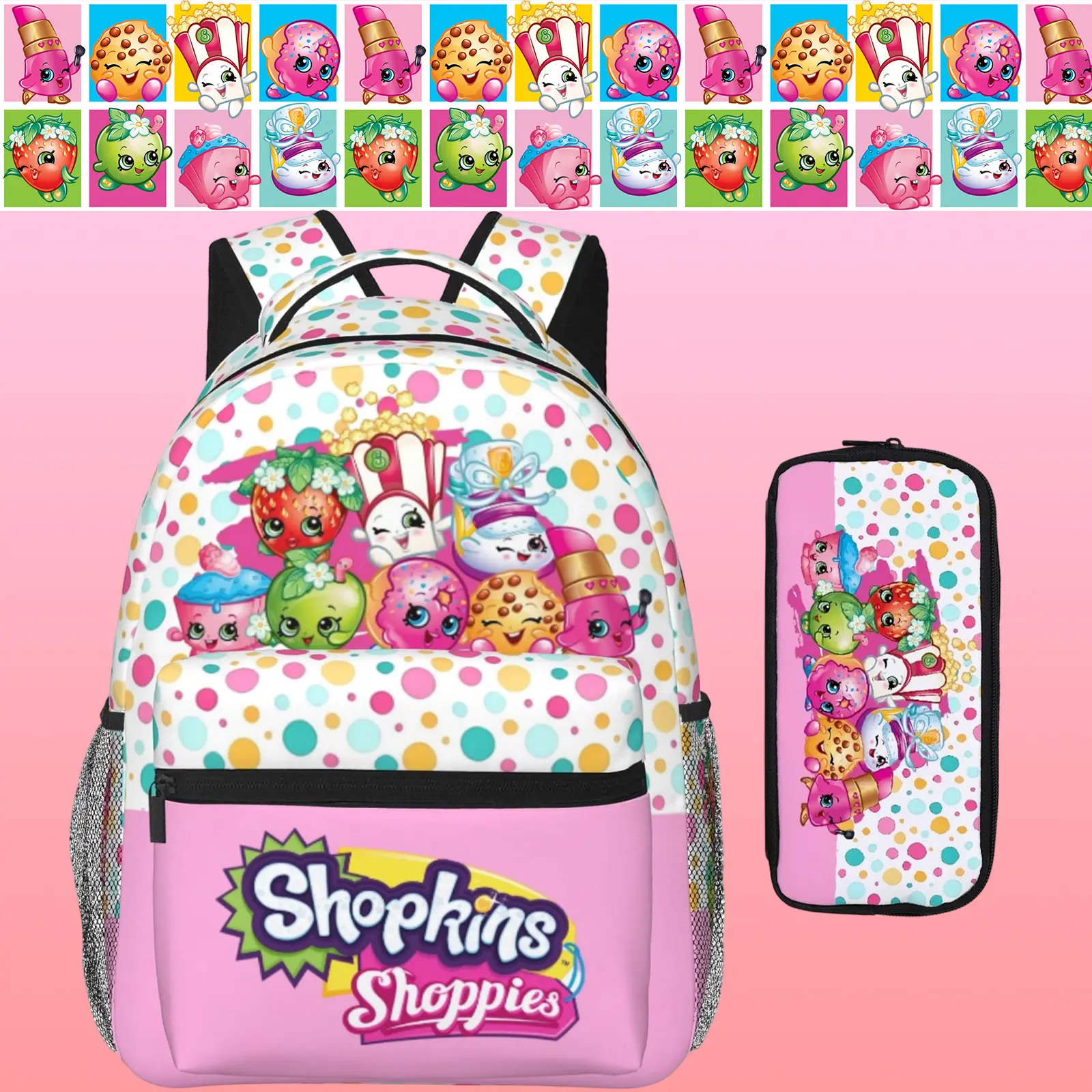 Shopkins Shoppies Kawaii Accessories All-Over Print Polyester Backpack - Roomy Size Laptop Daypack with Front Quick-Grab Pocket, Ideal for School, Camping - Birthday Christmas Gift for Women