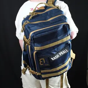 Bash Athletics Tactical Pickleball Backpack 45L Navy Blue & Tan Accents with Logo Patches Everyday Bag