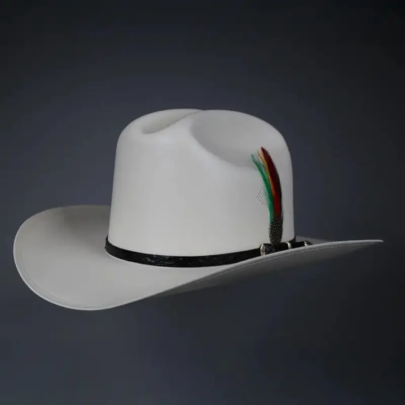 White Diamond Sombrero Estilo Sinaloa 100x San Judas with Feather Black Hatband Made in Mexico