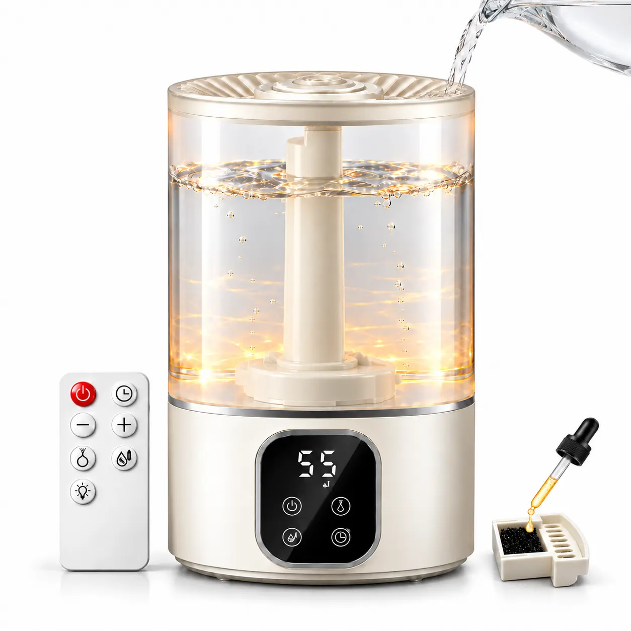 KTO 4L Smart Humidifier with Remote Control, Auto Humidity Adjustment, 40H Runtime, 24H Timer, Top-Fill Design, Aroma Function, for Bedrooms, Living Rooms (Up to 380 Sq. Ft Coverage)