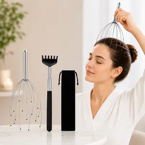 Stainless Steel Octopus Head Massager Set with Telescopic Back Scratcher, Adjustable Scalp Massage Tool Kit with Velvet Storage Bag for Stress Relief Relaxation