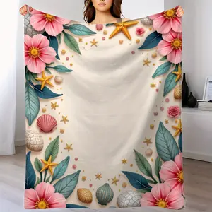 Thick Flannel Blanket - Floral Sea Shell Starfish Coast Beach Throw Blanket - Soft Four Seasons Bedspread or Sofa Cover - Machine Washable Rice Pink Green Ocean Decor - Luxurious Home Gift, Suitable for Living Room, Bedroom, Warm Room Essential