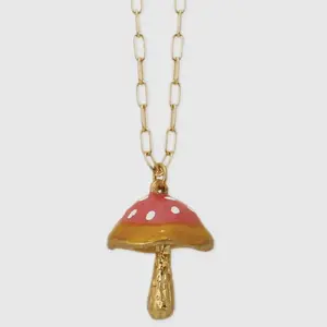 ZAD Fantasy Forest Pink Mushroom Necklace with Extender 18”-20” Long 1”x1” Pendant Gold Tone Metal Enamel Lead Nickel & Cadmium Free Jewelry cute fashion