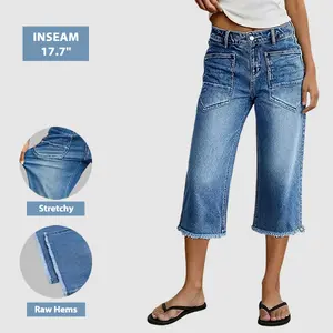 Flamingals Wash Patch Pocket Raw Hem High Rise Straight Leg Capri Jeans Womenswear Stretchy 17.7" Inseam