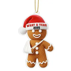 Personalized What a Year 2025 Acrylic Ornament, Custom Name Gingerbread Injury 2D Flat Surgery Recovery Keepsake Gift Hanging Tree Decoration