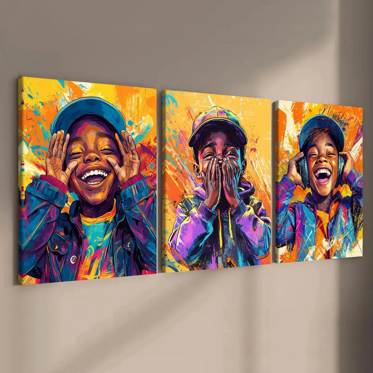 Wooden Framed Canvas Painting, 3 Counts Set Boys Pattern Graffiti Art, Creative Street Posters, Wall Decor Art, Living Room Decoration, Office, Apartment Dormitory Poster, Ornaments, Art Prints, Artwork, Creative Design Print, Art Work For Wall Decor