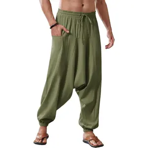 Runcati Mens Harem Pants Baggy Hippie Casual Cotton Linen Loose Boho Yoga Beach Drop Crotch Trouser