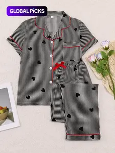 Women's Sleepwear Set, Sweet Casual Home Clothes Loungewear, Short Sleeve Pajamas Bow Tie Pants, Fitted, Elegant Simple Striped Heart Print, All Seasons Wear Pjs