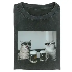 Cool Sunglasses Cats Drinking Beer Vintage Graphic Cotton T Shirts Women, Trendy Graphic Retro-Print Unisex T-Shirt,Unisex Suitable For Daily Wear With Short Sleeves,Comfortable Washable T-shirt Suitable for all seasons.