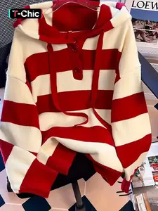 Autumn Winter New Design Hooded Knit Sweater, Color Block Striped Casual Soft Comfortable Elegant Women's Pullover, Colorblock Hoodie, Casual Hooded Sweatshirt