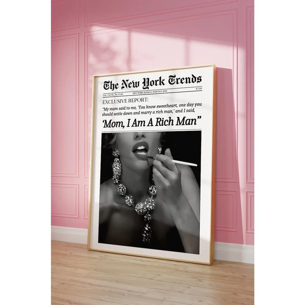 Trendy Newspaper Print, Mom I am a rich man Cher Quote Poster, New York Times, Retro Magazine Cover, Girl Dorm Room Art, Feminist Wall Art