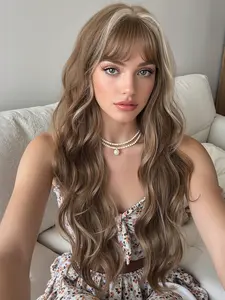 26 Inch Long Highlights Women's Wig, Wavy Hair with Bangs, All Seasons Synthetic Fiber, Perfect for Halloween & Daily Wear, Wavy Ombre Wig