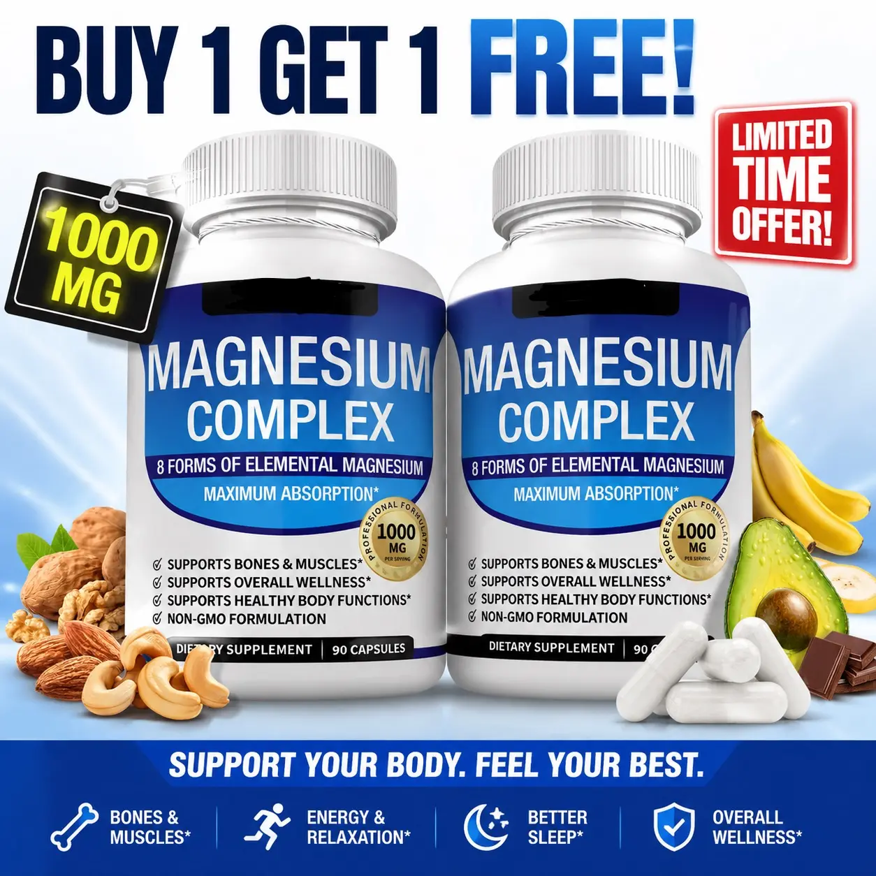 GMO-Free 1000mg Magnesium Complex Dietary Mineral Supplement Capsules for Adults - 8 Essential Forms Including Glycinate, Buy 1 Get 1 Free, Calm Magnesium Sleep & Heart Health Support for Bones, Muscles