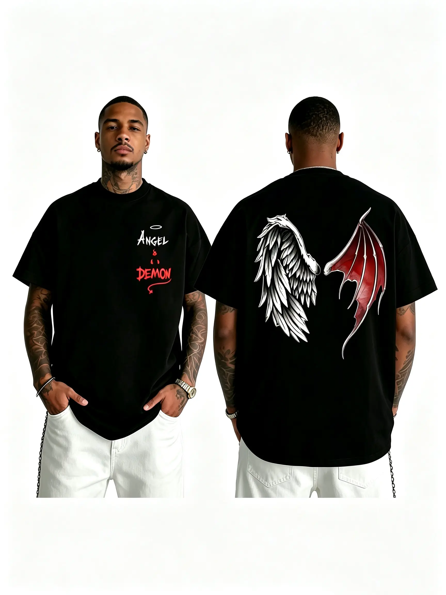 Angel Demon Wings Tee Double-sided Printed Black Dark Street Style Unisex Loose Fit Y2K Vibe Casual Outfit