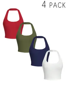 Women's 4 Pack Halter Neck Crop Tops 2026 Trendy Y2K Sleeveless Backless Cropped Tank Tops Basic Slim Fit Going Out Tops for Summer Streetwear Party Aesthetic Soft Comfy Casual Cami Tops for Teen Girls Ladies Workout Beach Outfits Multiple Colors