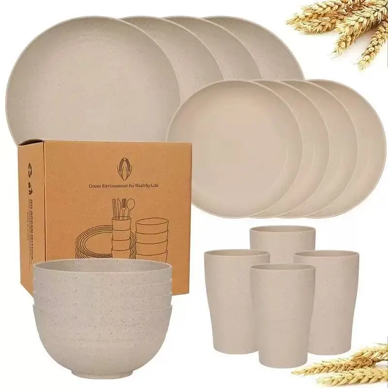 16-Piece Wheat Straw Sturdy Lightweight Disposable Dinnerware Service Set, Dinner Sets, Dishware Sets, Plate And Bowl Set, Party Tableware Set, Includes Plates Bowls Cups, Perfect for Outdoor Picnics Family Gatherings, Tableware Kit
