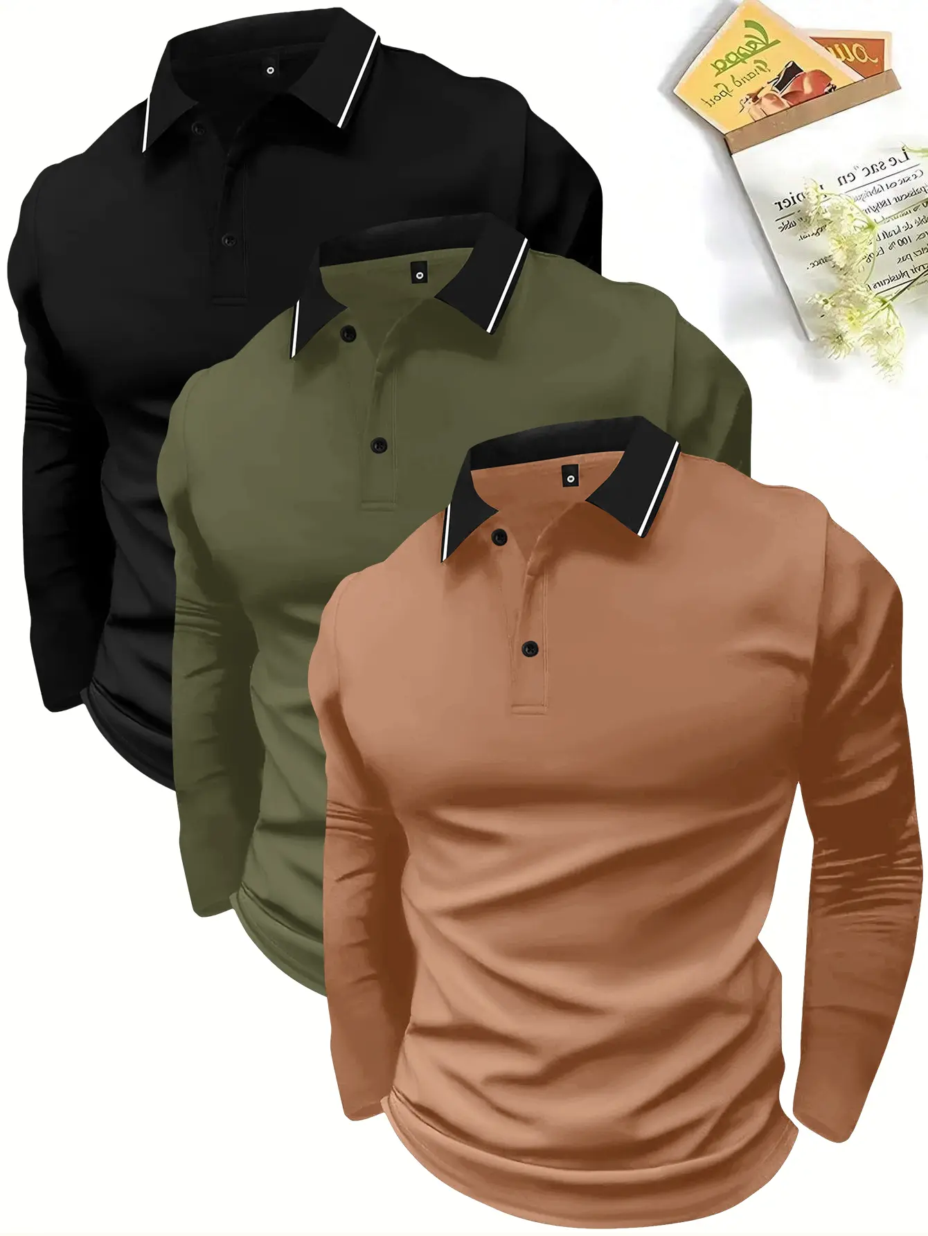 Men’s 3-Piece Long-Sleeve Polo Shirts Set - Casual Stylish Simple Turn-Down Collar Fitted Cut Menswear, Retro Tops for Spring & Autumn, Lightweight Mixed Color/Olive Tees for Everyday Outdoor Sports, Husband/Boyfriend Gift