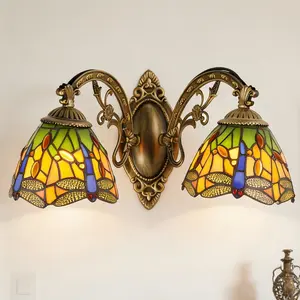 16.3 Inch Tiffany Style Dragonfly Stained Glass 2-Light Wall Sconce, Antique Bronze Wrought Iron Frame, E26 Base, Wall Switch Control for Bedroom Hallway Dining Room Living Room