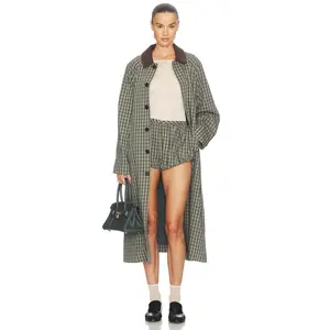 Helsa Novelty Trench in Green & Brown Plaid