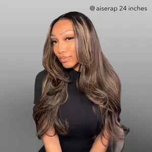 Wavymy Salon Quality Layered Cut Balayage Highlight Wear Go Glueless 7x5 Lace Pre-Bleached Straight Wigs Pre-pluck 180% Density Human Hair Wigs