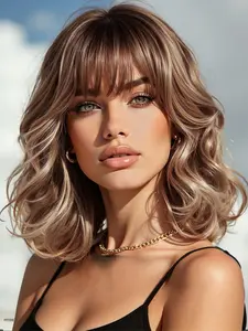 10-Inch Gradient Bangs Short Wavy Bob Wig, Heat-Resistant Synthetic Hair, Natural Layered Curl Wig for Women, Daily, Party, Role Play, Synthetic Bob Wigs, Synthetic Curly Wigs