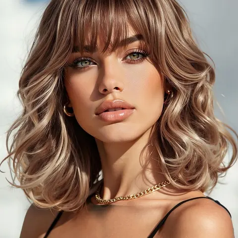 10-Inch Gradient Bangs Short Wavy Bob Wig, Heat-Resistant Synthetic Hair, Natural Layered Curl Wig for Women, Daily, Party, Role Play, Synthetic Bob Wigs, Synthetic Curly Wigs, With Bangs Wig