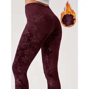 Floral Print Womens Yoga Pants High Waist Thickened Winter Tights with Back Zipper Pocket Stretchy Workout Leggings for Ladies