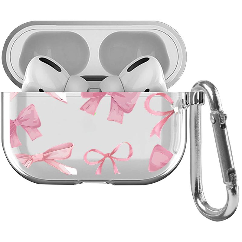 Pink Bow Delight Pattern Protective Case for AirPods 4/3/2/1/Pro/Pro2 Soft TPU Earphone Cover, Transparent with Keychain