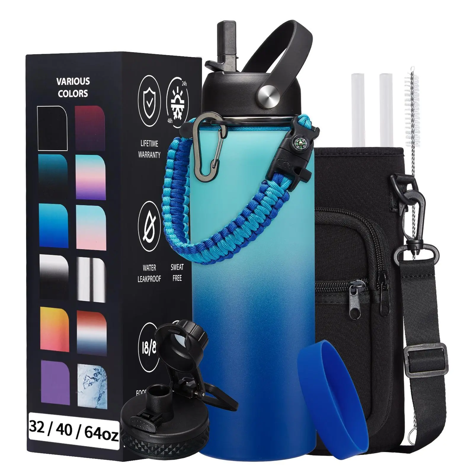 Portable Unisex Stainless Steel Insulated Water Bottle with Straw & Straw w/ Brush (32/40/64/87/128 oz) - Spout Lid, Paracord Handle, Carrier Bag w/ Carry Strap, Protective Cup Mat, Gym Fitness Use, Keeps Cold 48H & Hot 12H