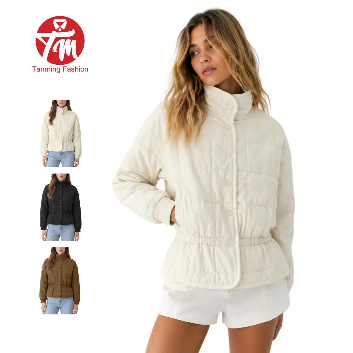 Tanming Womens Cinch Waist Quilted Jacket -  Stand Collar Long-Sleeve Puffer Coat Casual Outerwear Top with Snap Buttons - Fall Winter Spring Daily Casual Commute Office School Shopping Outdoor Travel Streetwear Outfits