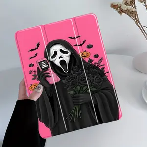 Funny Pink Ghost Face iPad Case, Tablet Casing, Scream Movie Protective Cover with Trifold Stand & Auto Wake/Sleep,Transparent Acrylic Hard Back, Shockproof Scratch Resistant,Fits 7.9/8.3/10.2/10.5/10.9/11 Inch Tablets, Ideal for Office School Home