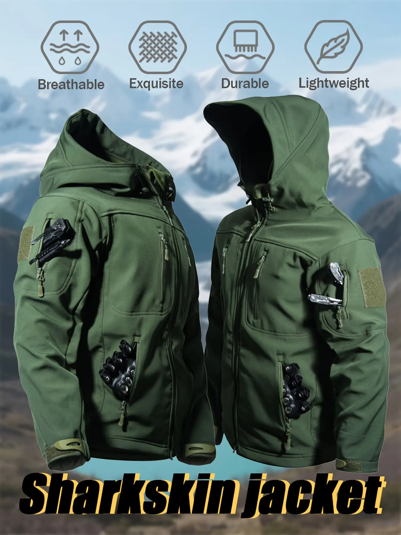 Men's Shark Skin Outdoor Tactical Jacket for Fall/Winter, Waterproof Style Workwear Jacket, Fleece-Lined Windproof Warm Multi-Pocket Hooded Jacket, Casual Workwear, Ideal for Outdoor Cycling, Fishing, Hunting, Hiking, and More