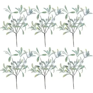 6 Frosted Artificial Mistletoe Spray Christmas Greenery Floral Stems Branches Faux Picks With White Berry 12.6" Tall For Winter Tree Arrangement