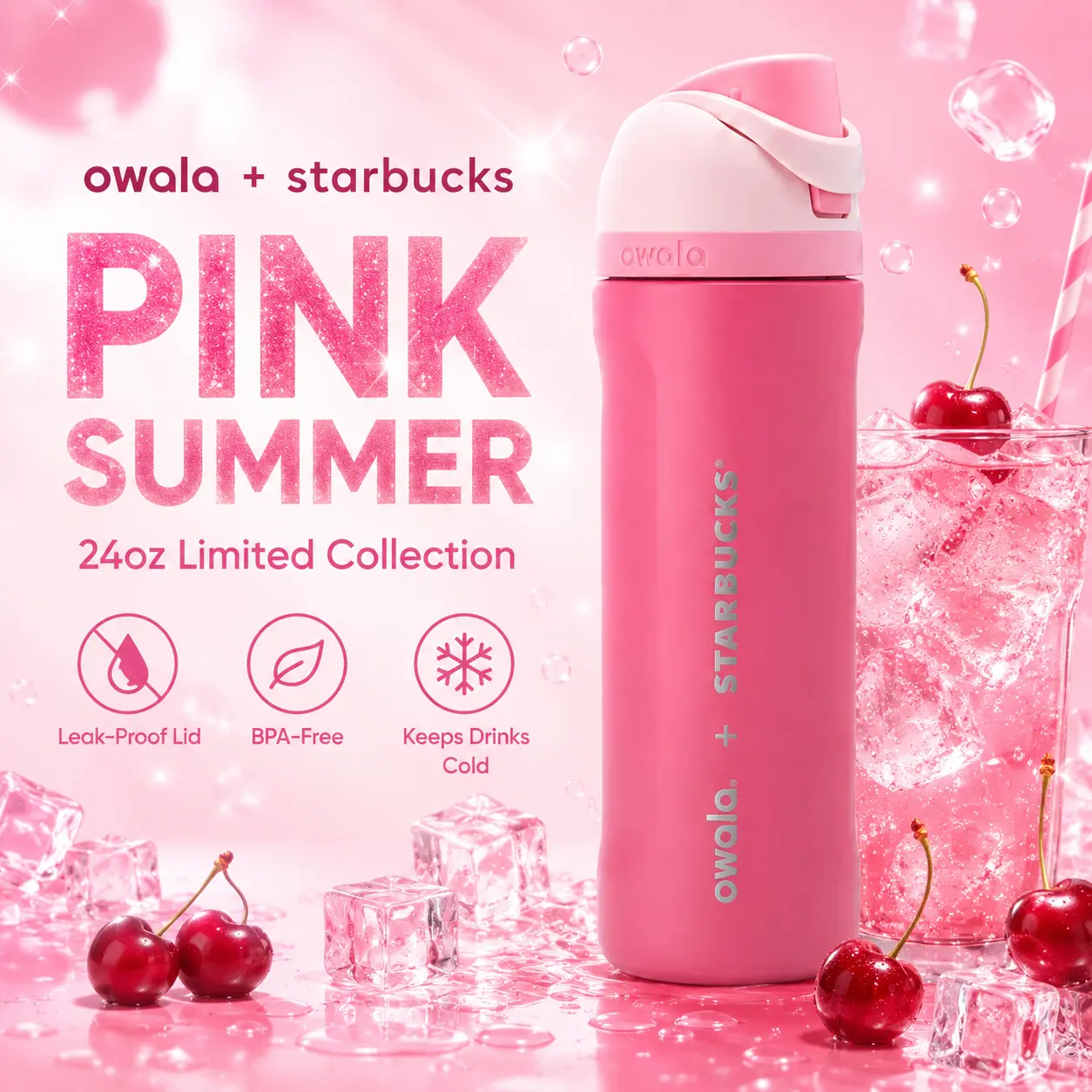 Owala x Starbucks Pink Summer 24oz FreeSip Water Bottle