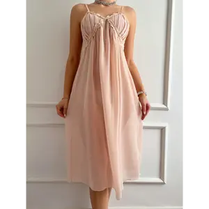 Sexy European & American V-Neck Chiffon Pajama Skirt with Adjustable Drawstring Waist - Light Pink Ruffled Hem, Long Length, Comfortable Stylish for Adults, Sleepwear, Elegant Nightwear, Smooth Texture