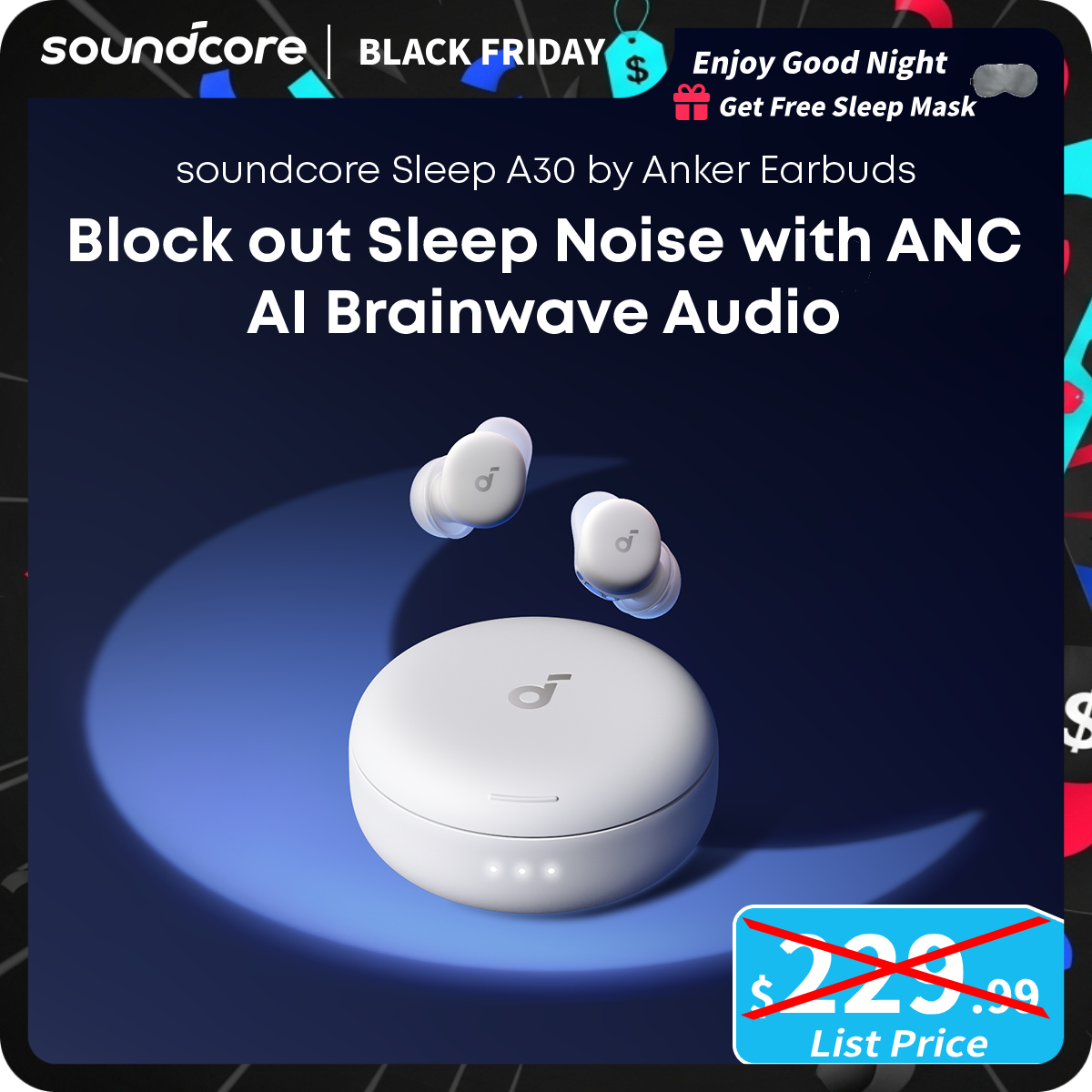 [TikTokShopBlackFriday] soundcore Sleep A30 by Anker Sleep Earbuds, Smart Acttive Noise Cancelling Sleep Headphones, Adaptive Snore-Masking System, Ul