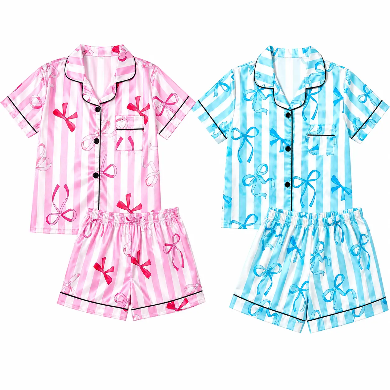 Girls Bow Print Satin Pajama Set, Striped Short Sleeve Button Down Top & Shorts, Satin 2 Piece PJs for Kids 5-14 Years