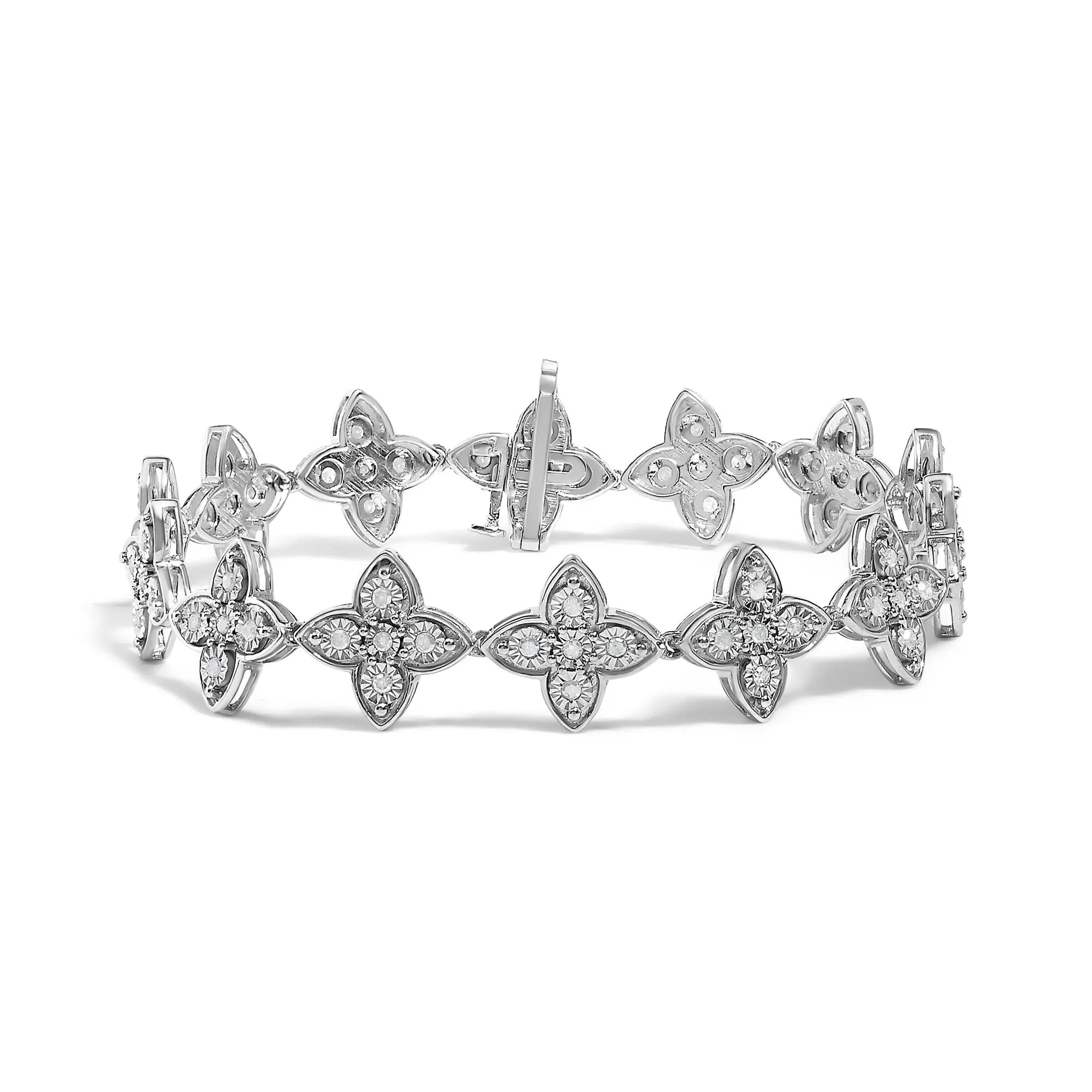 .925 Sterling Silver 1 cttw Miracle-Set Diamond 4 Leaf Clover Link Bracelet (I-J Clarity, I3 Color) - Size 7.25"